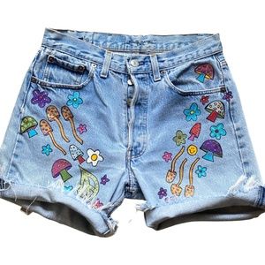 LESLIE HAMEL JEANS HANDPAINTED MUSHROOM VINTAGE LEVIS 501 CUTOFF SHORTS